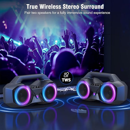 KMAG Bluetooth Speaker Wireless, 80W Loud Speaker with Deeper Bass, IPX7 Waterproof, 20H Playtime, Cool Lights, TWS, Portable Speaker for Home, Outdoor, Workshop, Party, Gift for All