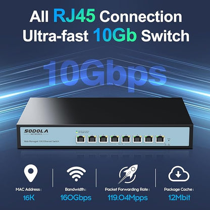 SODOLA 8 Port 10Gb Easy Web Managed Switch, 8 x 10G RJ-45 Ports, 160Gbps Bandwidth, Support LACP, VLAN, QoS, 10G/5G/2.5G/1000M/100M Auto-Negotiation, Multi-Gigabit Managed Ethernet Switch