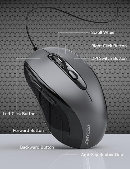 TECKNET Computer Wired Mouse, USB Mice for Laptop with 6-Button, 3600DPI Optical PC Wired Mouse, Home and Office 5FT USB-A Corded Comfortable Mice, Plug & Play, NO Battery Required-Grey