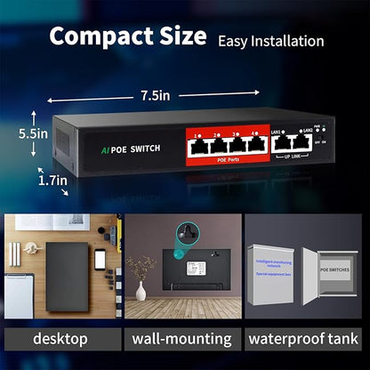 STEAMEMO AI PoE Switch, 52V 52W (4 POE Ports +2 Uplink) 100Mbps,802.3af/at, Unmanaged Network Extender Power Over Ethernet for IP, Extend Function,Metal Plug and Play