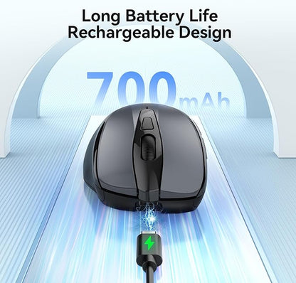 TECKNET Rechargeable Jiggler Wireless Mouse (BT5.0/3.0 & 2.4G) 4800 DPI Silent USB A & Bluetooth Mouse 6 Buttons, Wide Compatibility - Grey