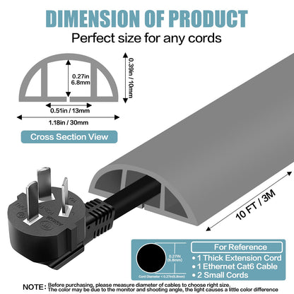 Floor Cord Cover Self Adhesive Cord Hider,10FT Cable Management, Extension Strip Protector for Wires, Prevent Cable Trips for Offices, Gyms, Exhibitions Cavity:0.39"(W) x 0.27"(H) Gray