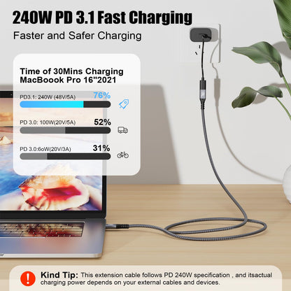 CABLEDECONN USB C 3.2 Gen-2 Extension Cable 0.5M 1.6FT Thunderbolt 3 240W Fast Charging Cable Male to Female Data Transfer 20Gbps 48V/5A Type-C Cable 4K Video Output Compatible with MacBook