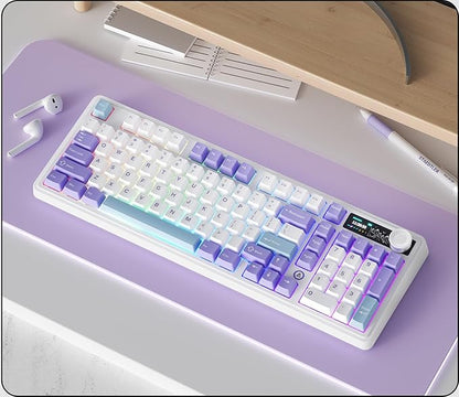 AK980 97Keys Tri-Mode Full Mechanical Keyboard, Gasket-Mounted, Hot-Swappable, 1.14” TFT Smart Display, Bluetooth 5.1/2.4G Wireless/Wired, PBT Keycaps RGB Backlit (Purple, Qingyun Tactile Switch)