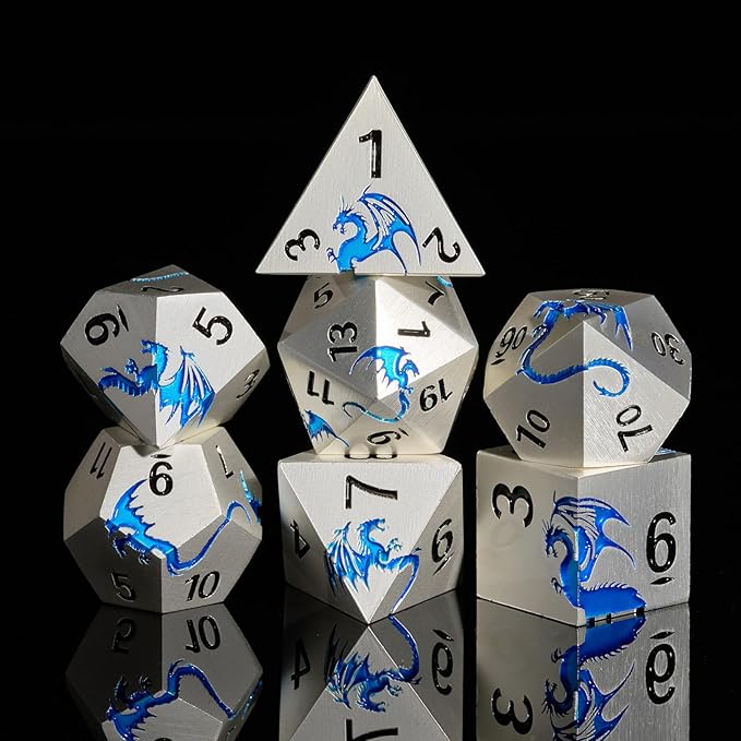 HNCCESG Metal Dragon DND Dice Set,7-Piece RPG Dice,Silver Blue