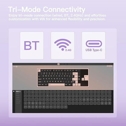 KEEBMONKEY WOBKEY Rainy 75 CNC Aluminum HMX/JWK/Cocoa Switches Triple-Mode Connectivity Mechanical Keyboard with Superior Acoustics, RGB/FR4/Silver SUS304/7000mAh/Cocoa Switch (Pro - Purple)