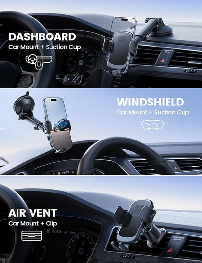 Lamicall Car Phone Holder Mount [3-in-1 Military-Grade Suction Cup] 360° Rotation Phone Holders for Your Car [Metal Hook] Cell Phone Car Mount Dashboard Vent Windshield Smartphone LeatherGrain