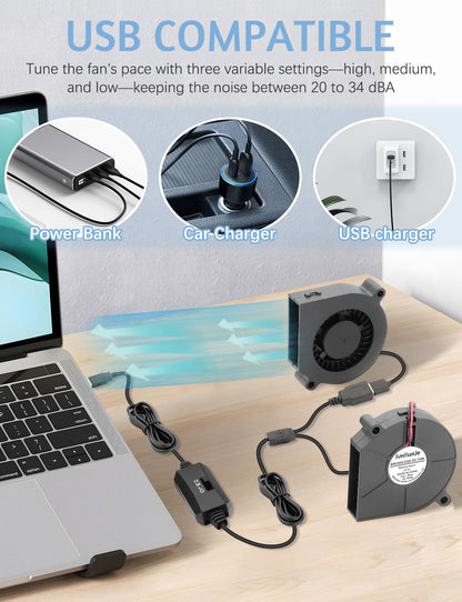 AmRunJe 60mm Small USB Blower Fan 5V with 3 Degree Speed for Helmet 2pcs