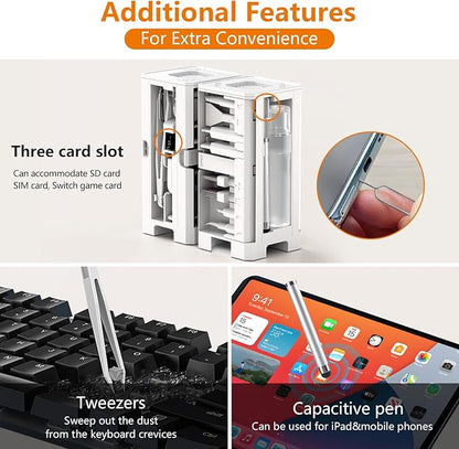 Cell Phone Cleaning Kit, iPhone Cleaning Kit for Charging Port Cleaner Keyboard Cleaning Kit for Airpods/Android/USB C/Earbuds/Laptop/iPad/Camera Lens with Stylus Pen, SIM Tool, Screen Brush (White)