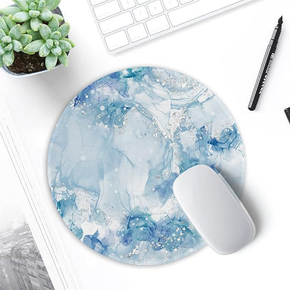 ITNRSIIET Round Mouse Pad with Stitched Edge Premium-Textured Waterproof Non-Slip Rubber Base Desktop Protection Mat Diameter 8.7 inches, Blue Abstract Marble
