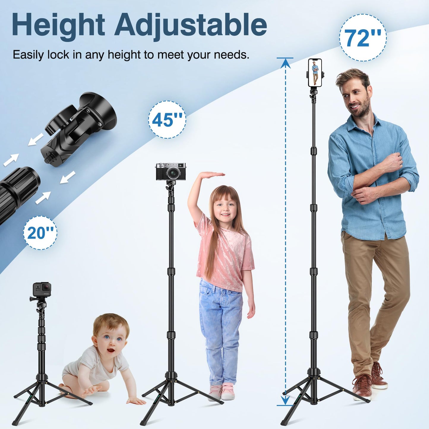 Nineigh 72" Tripod for iPhone, Phone & Camera Travel Tripod Stand with Remote, Compatible with Smartphone/Gopro