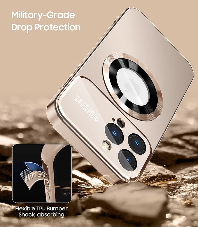 Magnetic for iPhone 14 Pro Max Case, Compatible with MagSafe, Built-in Camera Lens Protector, Logo View, Military Grade Drop Proof Phone Case Cover, Desert Titanium