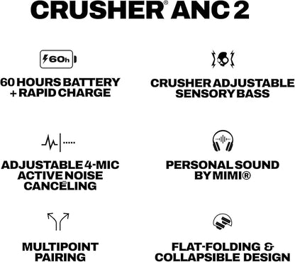 Skullcandy Crusher ANC 2 Over-Ear Active Noise Cancelling Wireless Bluetooth Headphones with Sensory Bass, Alexa Voice Control, 50 Hr Battery, Microphone, 2 Year Warranty – Asphalt