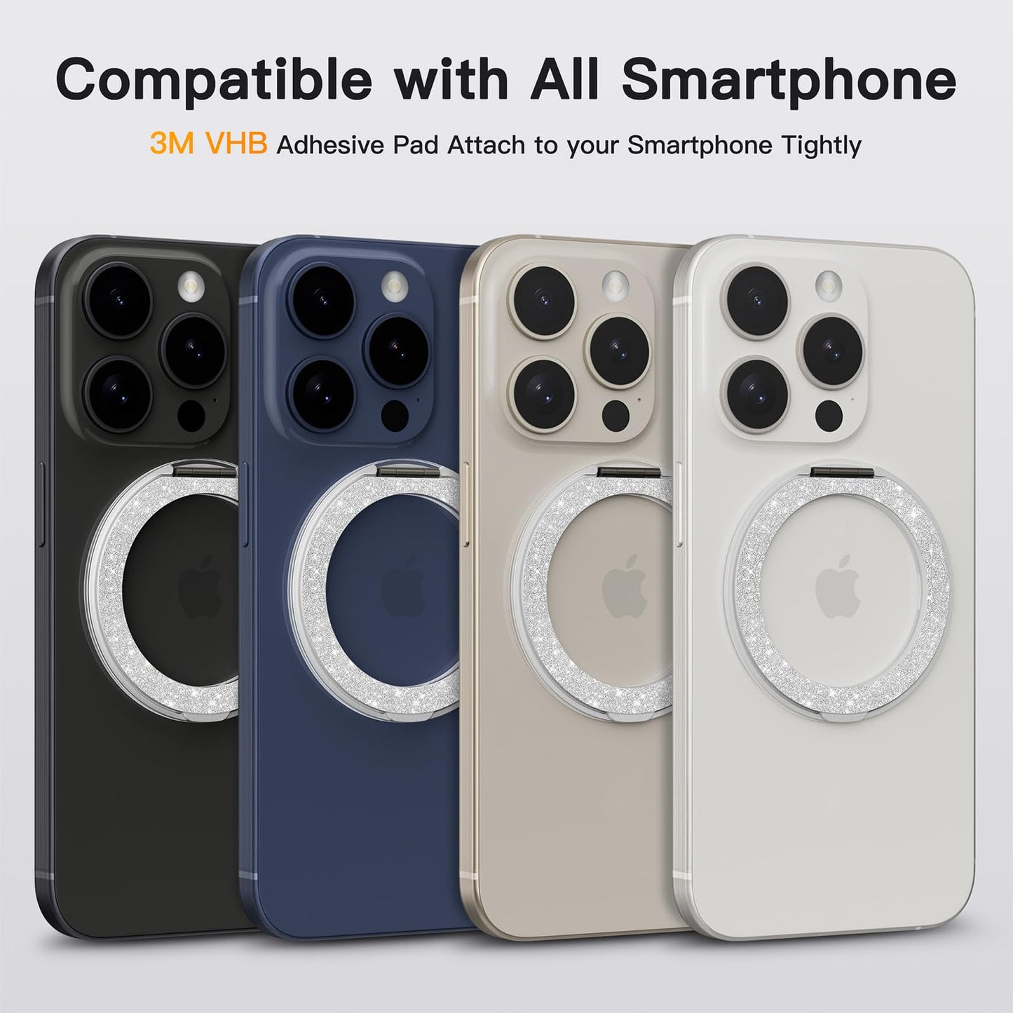 COOLQO 2Pcs 360 Spin Cell Grip Ring Phone Stand [Upgrade Gear Hinge Stress Relief] Magnetic Holders for Your car Accessories Desk Mount Compatible with iPhone All Smartphone, Glitter Silver