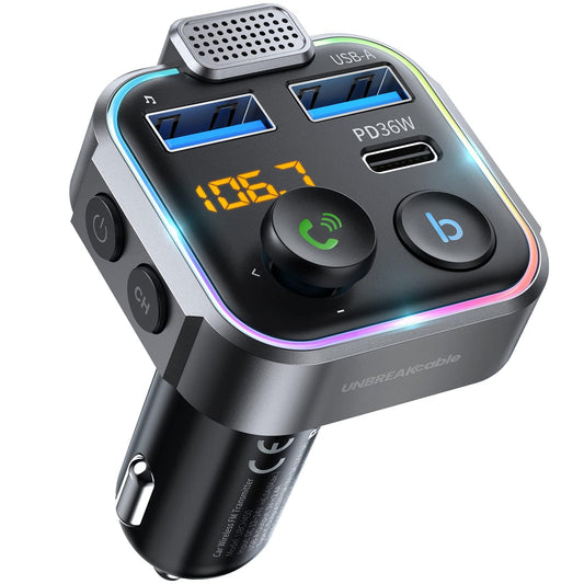 UNBREAKcable Bluetooth FM Transmitter for Car, PD 38W Fast Charging, Wireless Bluetooth FM Radio Adapter, Car Kit with Hands-Free Calls, HiFi Bass Boost MP3 Music Player Support USB Drive