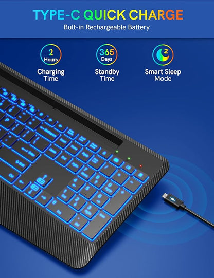 Wireless Keyboard with 7 Colored Backlits, Wrist Rest, Phone Holder, Rechargeable Ergonomic Computer Keyboard with Silent Keys, Full Size Lighted Keyboard for Windows, MacBook, PC, Laptop (Black)