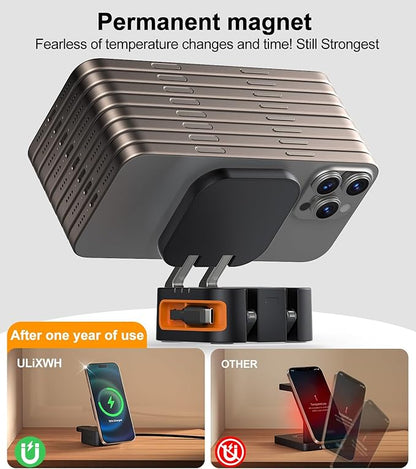 Retractable 3 in 1 Charging Station for Apple, 15W Fast for Magsafe Foldable Magnetic Wireless Charging Stand with Retractable Cable, for Travel, for iPhone 16/15/14/13, Apple Watch, AirPods
