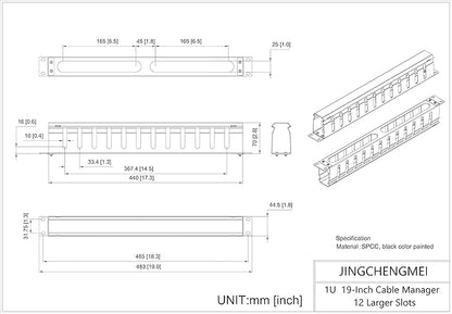 Jingchengmei 2 Pack of All Metal 1U Cable Management Horizontal Rack Mount Cable Manager with 12 Big Finger Slots for 19-inch Server Rack or Cabinet