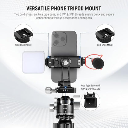 NEEWER SP-02 Phone Tripod Mount Adapter with Arca Type Quick Release Plate Cold Shoe 360° Rotation 180° Tilt Cleaning Cloth, Foldable Holder Compatible with iPhone Android Samsung for Video Recording