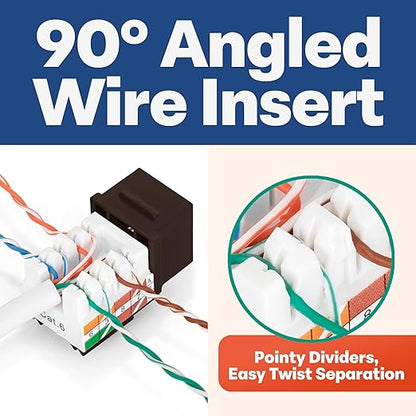 Everest 90° Angled RJ45 Cat6 Keystone Jacks 50-Pack in Brown - Slim Profile Female RJ45 Connectors - Cat 6 Keystone Jack - Compatible with 90° Angled Speed Termination Tool - easyJACK (B094WB91H3)
