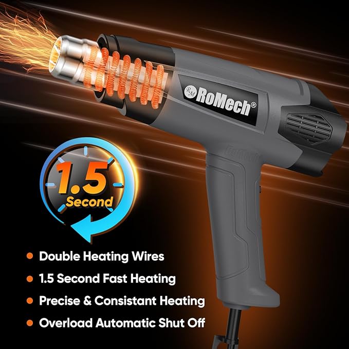 ROMECH 1500W Heavy Duty Heat Gun, Variable Temperature Control Hot Air Gun Kit with 2 Air Flow 120°F~1200°F and 4 Nozzles for Crafts Shrink Wrap (Gray)