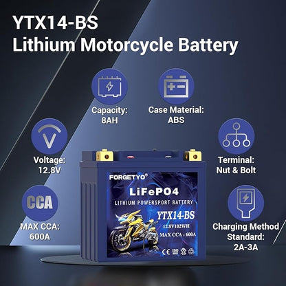 YTX14-BS Lithium Motorcycle Battery, ATV Battery 12V 8AH 600CCA Compatible with Yamaha Scooter Snowmobile Jet Ski, Scooter, PWC & More