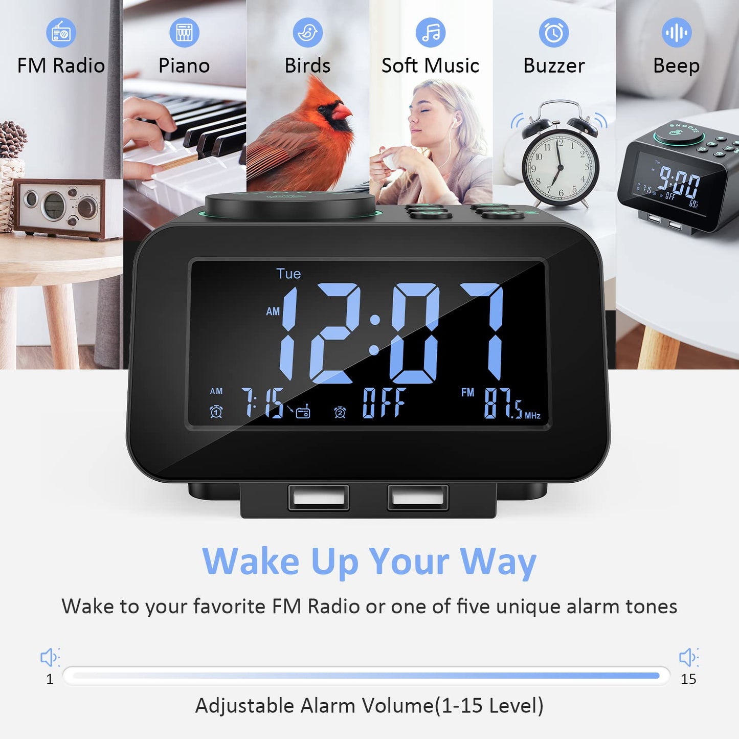 uscce Digital Dual Alarm Clock Radio for Bedrooms with 0-100% Dimmer