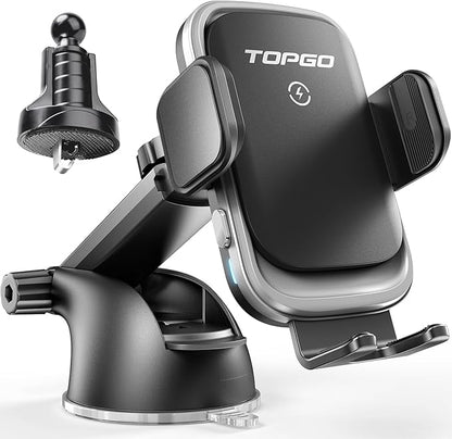 TOPGO Dashboard Wireless Car Charger, Universal Cell Phone Holder, Wireless Charger Phone Holder, 15W Fast Charging for iPhone16 Pro Max, Samsung Galaxy - Black