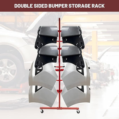 Mobile Bumper Storage Rack, 8 Pairs of Arms Double Sided Bumper Stand with Lockable Wheels, Heavy Duty Utility Bumper Storage Dolly Length Adjustable for Automobile Parts Accessories, Red