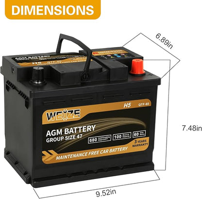 Weize Platinum AGM Battery BCI Group 47-12v 60ah H5 Size 47 Automotive Battery, 100RC, 680CCA, 36 Months Warranty, Dimensions 9.52" L x 6.89" W x 7.48" H