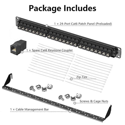 Jadaol 24 Port Patch Panel Rackmount or Wall Mount 19-Inch, 1U Cat6 Network Panel Preloaded with 24 Keystone Couplers plus 1 Spare, 10Gbps Ethernet Patch Panel with Cable Management & Back Support Bar