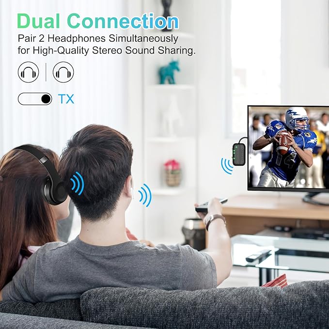 Bluetooth Transmitter Receiver, 2-in-1 V5.3 Wireless Adapter for Airplane, TV, PC, Gym, Switch. Supports up to 2 AirPods/Headphones. Audio Receiver for Car/Home Stereo,with AptX Low Latency & HD