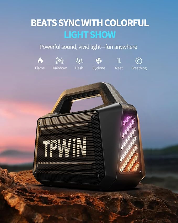 Portable Bluetooth Speaker - 80W Peak Loud Speakers, 20H Playtime for Outdoor Adventure, Lightshow, TWS, Deep Bass, BT 5.3 Wireless, IPX6 Waterproof for Travel Hiking Camping Beach Pool - Black