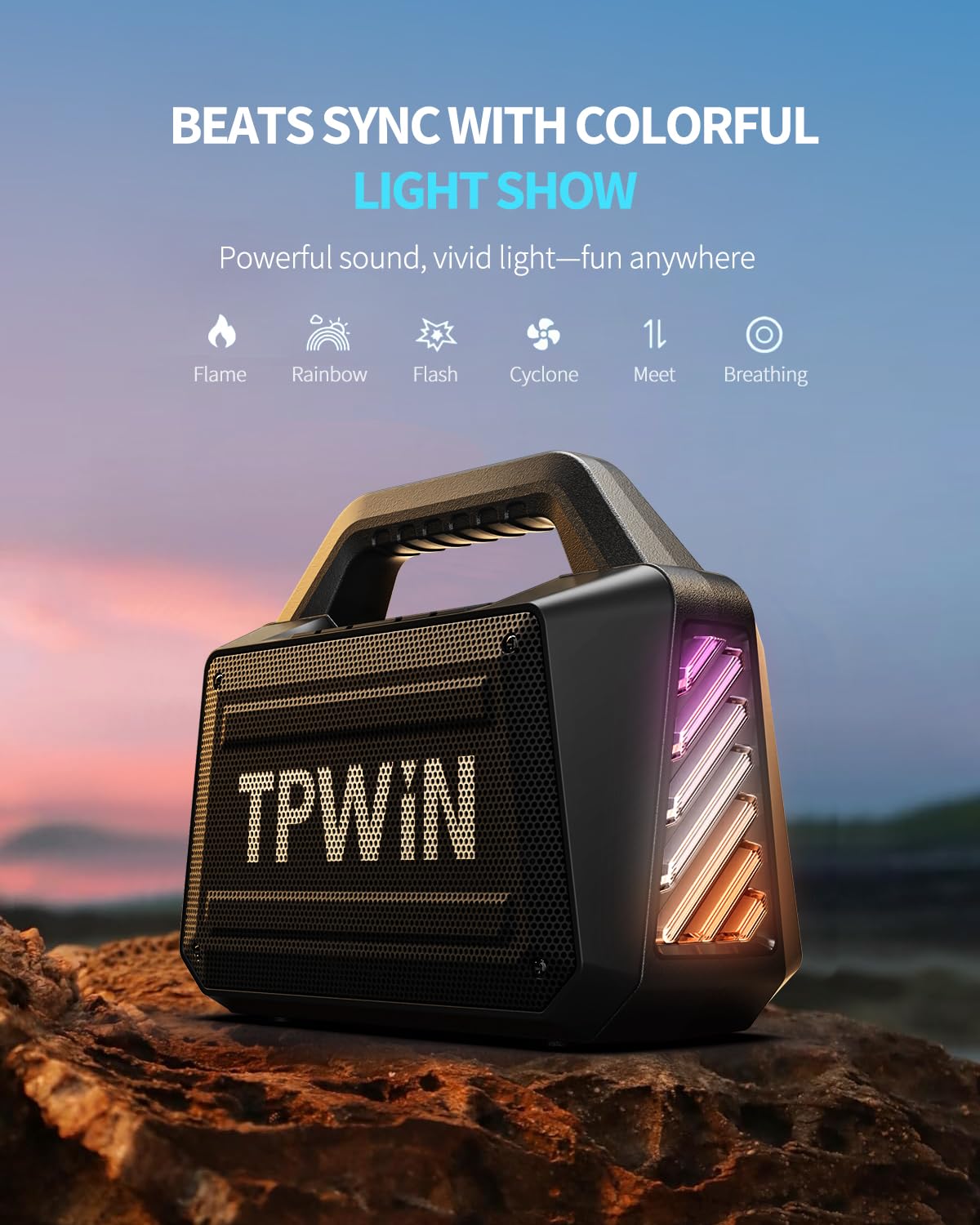 TPWIN Bluetooth Speaker - 80W Loud Rugged Outdoor Speakers, IPX6 Waterproof, 20H Playtime, Deep Bass, Lightshow, TWS, BT 5.3 Wireless, Portable for Travel Hiking Camping Beach Pool - Black