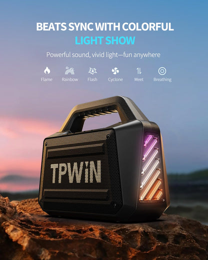 TPWIN Bluetooth Speaker - 80W Loud Rugged Outdoor Speakers, IPX6 Waterproof, 20H Playtime, Deep Bass, Lightshow, TWS, BT 5.3 Wireless, Portable for Travel Hiking Camping Beach Pool - Black
