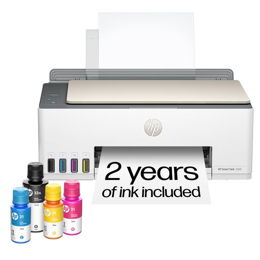 HP Smart Tank 5000 Wireless All-in-One Ink Tank Printer, Scanner, Copier with 2 Years of Ink Included, Best-for-Home, Cartridge-Free, Refillable and AI-Enabled. (5D1B6A)