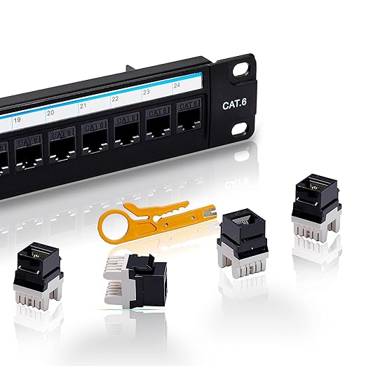 Lysymixs Cat6 Patch Panel 24 Port with Keystone, RJ45 Network Panel 19 Inch, Punch Down Keystone Ethernet Patch Panel with Back Bar
