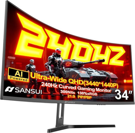 SANSUI 34 Inch Curved Monitor 240Hz UWQHD 3440×1440 Gaming Monitor, 21:9 2K Curved1500R,HDR400,Fast VA, PIP/PBP,AI Crosshair,AIPQ(Visual Enhance),MPRT 1ms,HDMI2.1 * 2,DP1.4 * 2(HDMI Cable Included)