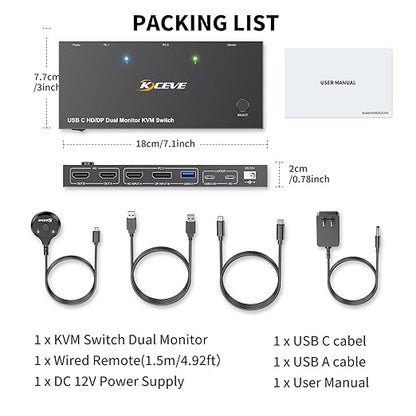 USB C HDMI DP KVM Switch for 1 Desktop+1 Laptop, Dual Monitor KVM Switch 4K@60Hz Support PD with USB C Cable, Wired Controller and Power Adapter