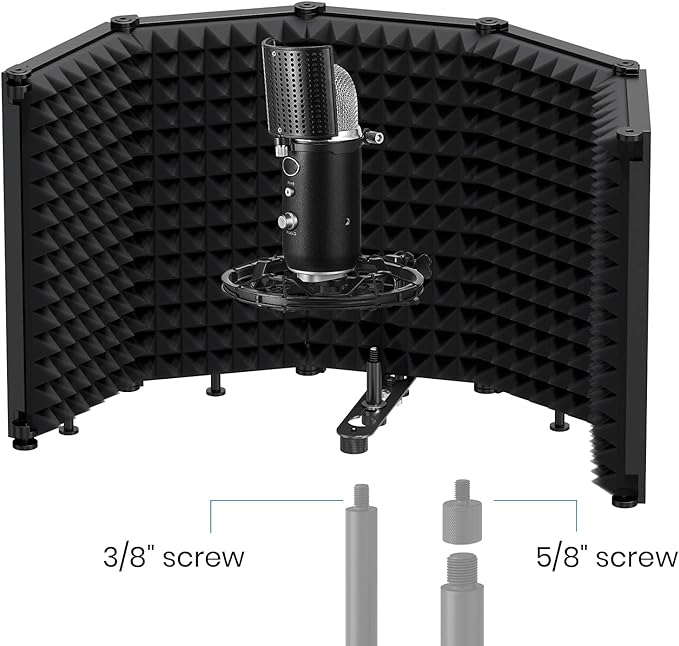 Moukey Microphone Isolation Shield, Foldable Mic Shield with Triple Sound Insulation, Reflection Filter with 3/8" and 5/8" Mic Threaded Mount for Recording Studio, Podcasts, Singing, and Broadcasting