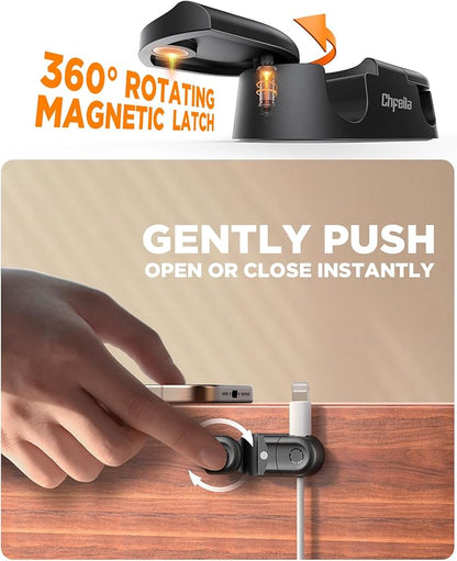 Magnetic Cable Clips - Chfeila 4Pack [Dual Slot] [360°Rotating & Twist-Lock] Cord Management, Adhesive Phone Charging Keeper, Wire Organizer Holder for Nightstand, Home Office Desk Accessories Decor