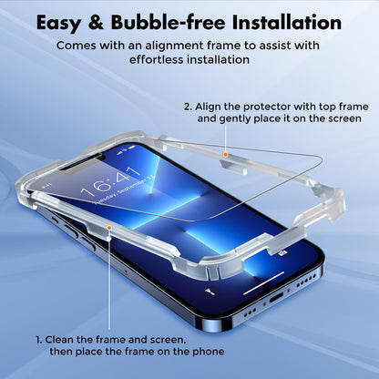 UNBREAKcable 2-Pack Screen Protector for iPhone 14/13/13 Pro Military-Grade Shatterproof Tempered Glass [9H+ Hardness] [Easy Installation Frame] [99.99% HD Clear] for Apple iPhone 13 Pro/13/14