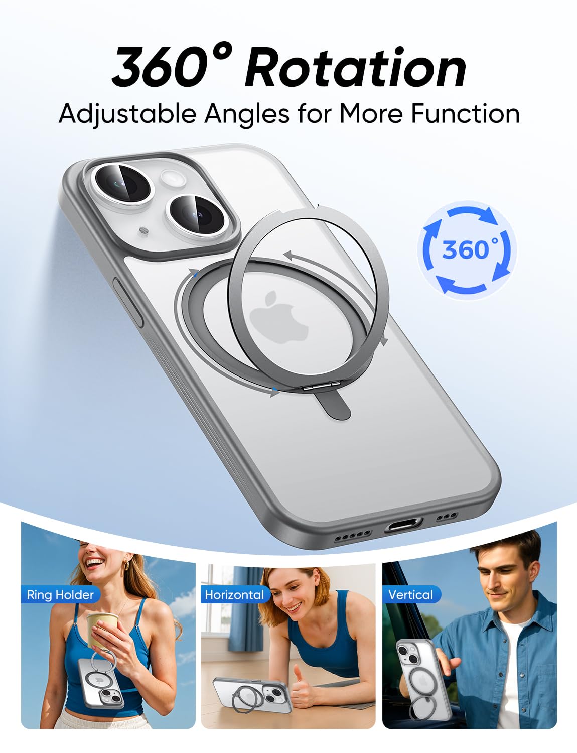 MAGIC JOHN 360° Rotatable Magnetic Invisible Stand for iPhone 14/iPhone 13 Case [Anti-Slip Grip] [Compatible with MagSafe] 16FT Shockof for iPhone 14/13 Case with Kickstand, Gray