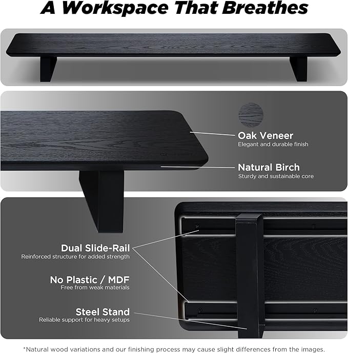Moodular Wooden Monitor Stand 45.6” (116cm) Large Desk Organizer with Metal Slide Rails for Drawer, Tray, Laptop, Tablet, Phone & Headphones Customizable Riser for Organized Workspace Black
