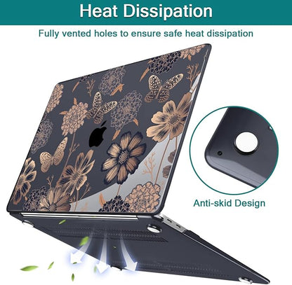 Teryeefi for MacBook Air 13 inch Case 2021 2020 2019 2018 Release (Model A2337 A2179 A1932 Retina Display with Touch ID), Plastic Hard Shell Case & Keyboard Cover for MacBook Air 13 M1, Gold Flowers