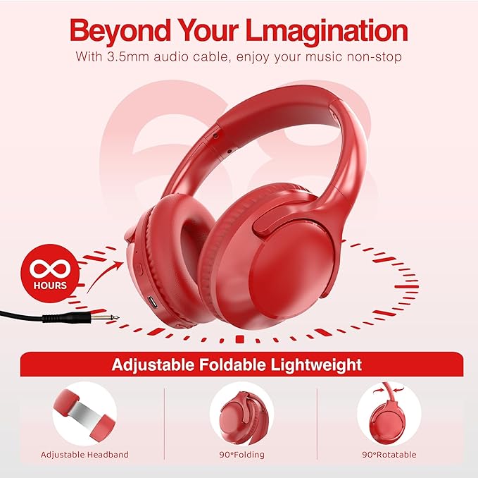 Bluetooth Headphones Wireless 68H with Mic,Decent Sound-Acceptable Red