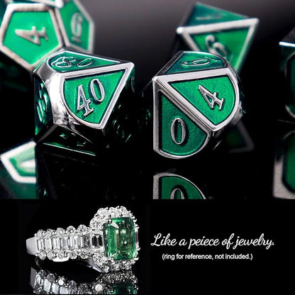 Haxtec 7 Die Metal DND Dice Set Green Elven Goblin D&D Dice Set Compatible with Dungeons and Dragons RPG Gaming-Silver Emerald Green Elvish Dice