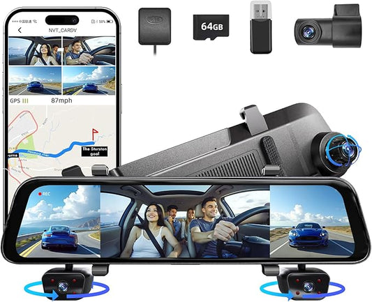 12" 4K+1080Px3,4 Channel Mirror Dash Cam Front and Rear with STARVIS Sensor, Rear View Mirror Camera,Back up Camera for Cars,8 IR Night Vision,WiFi,GPS,Voice Control,Free 64G SD