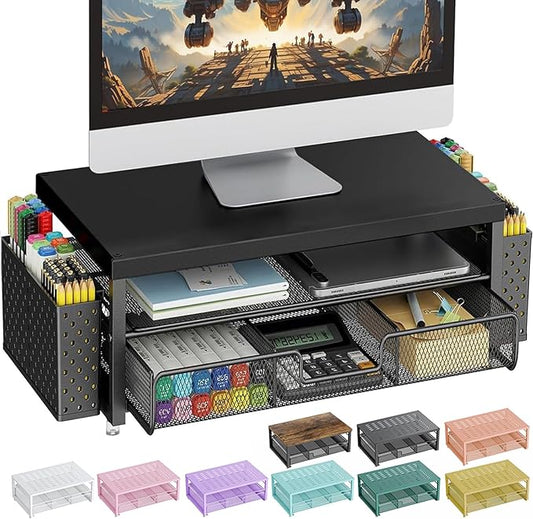 gianotter Desk Organizers and Accessories, Monitor Stand with Drawer and 2 Pen Holder, Desktop Organizer Suitable for Offices and Dormitories (Black-Plain)