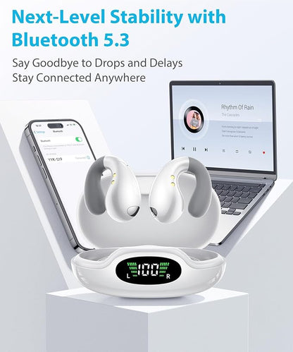Ultra Open Ear Earbuds - Ergonomic Clip-On Earbuds, Small Bone Conduction Over-The-Ear Headphones with Waterproof Design, Perfect Running Headphones for Sports and Fitness, Pearl White
